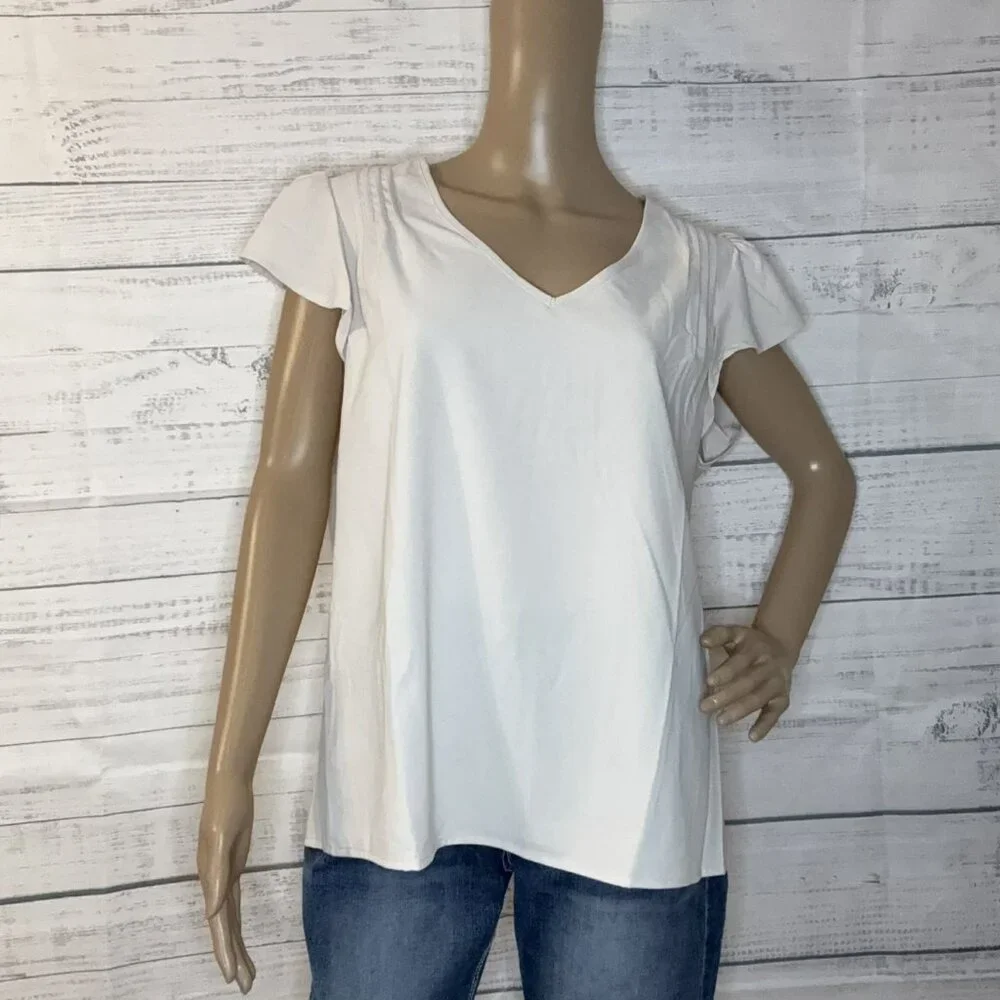 NWOT Light Beige Butterfly Sleeve V Neck Blouse - Picture 2 of 6